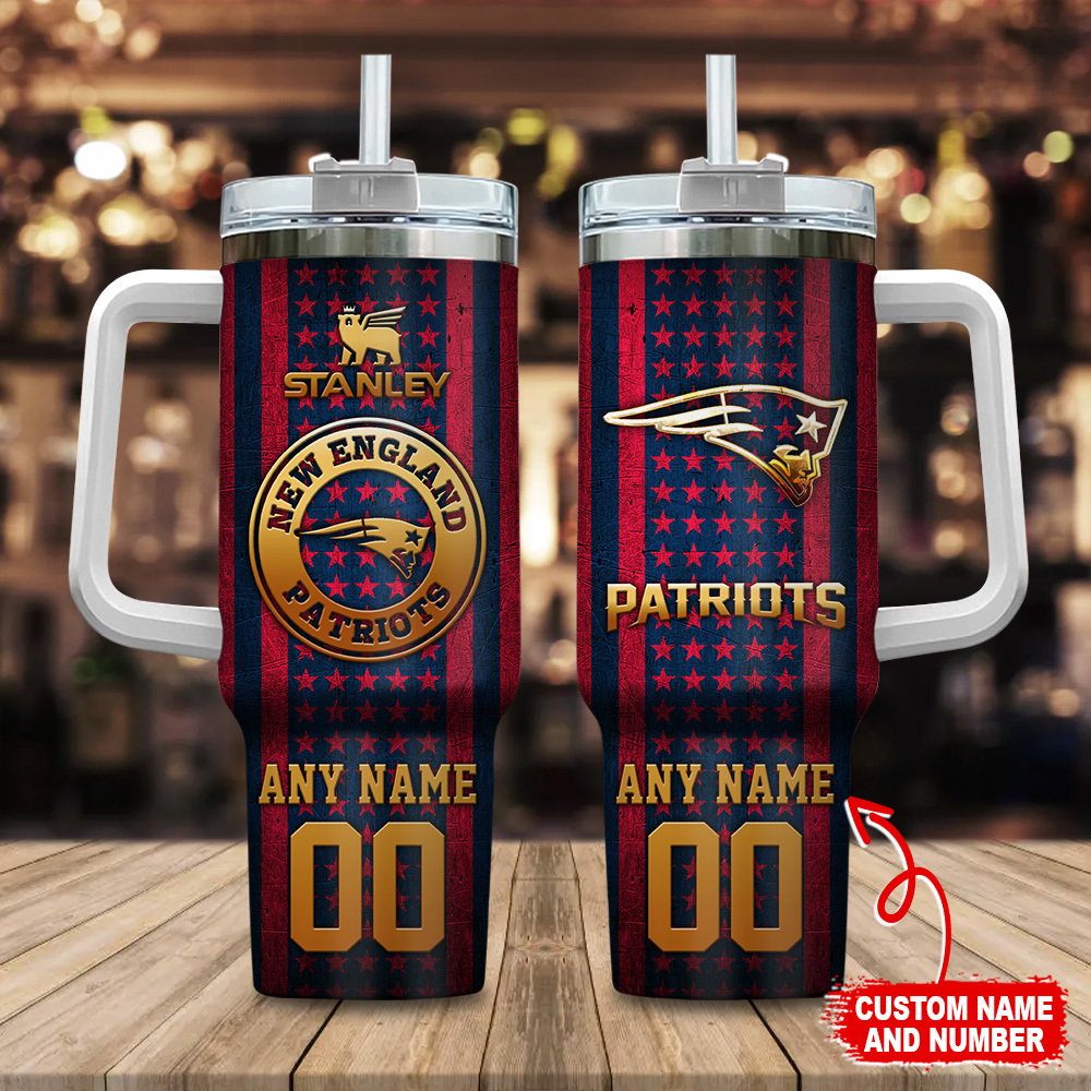New England Patriots NFL Golden Logos US Flag Custom Stanley Quencher 40oz Stainless Steel Tumbler With Handle