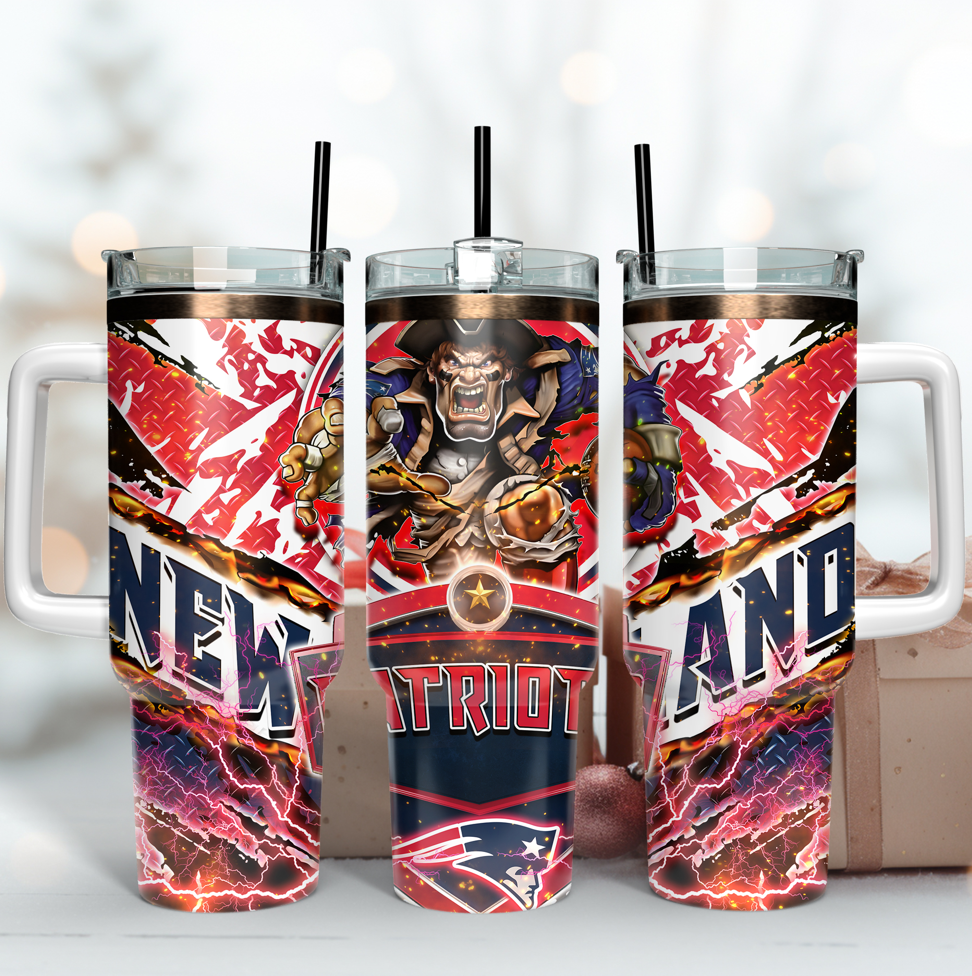 New England Patriots NFL Mascot Custom Stanley Quencher 40oz Stainless Steel Tumbler With Handle
