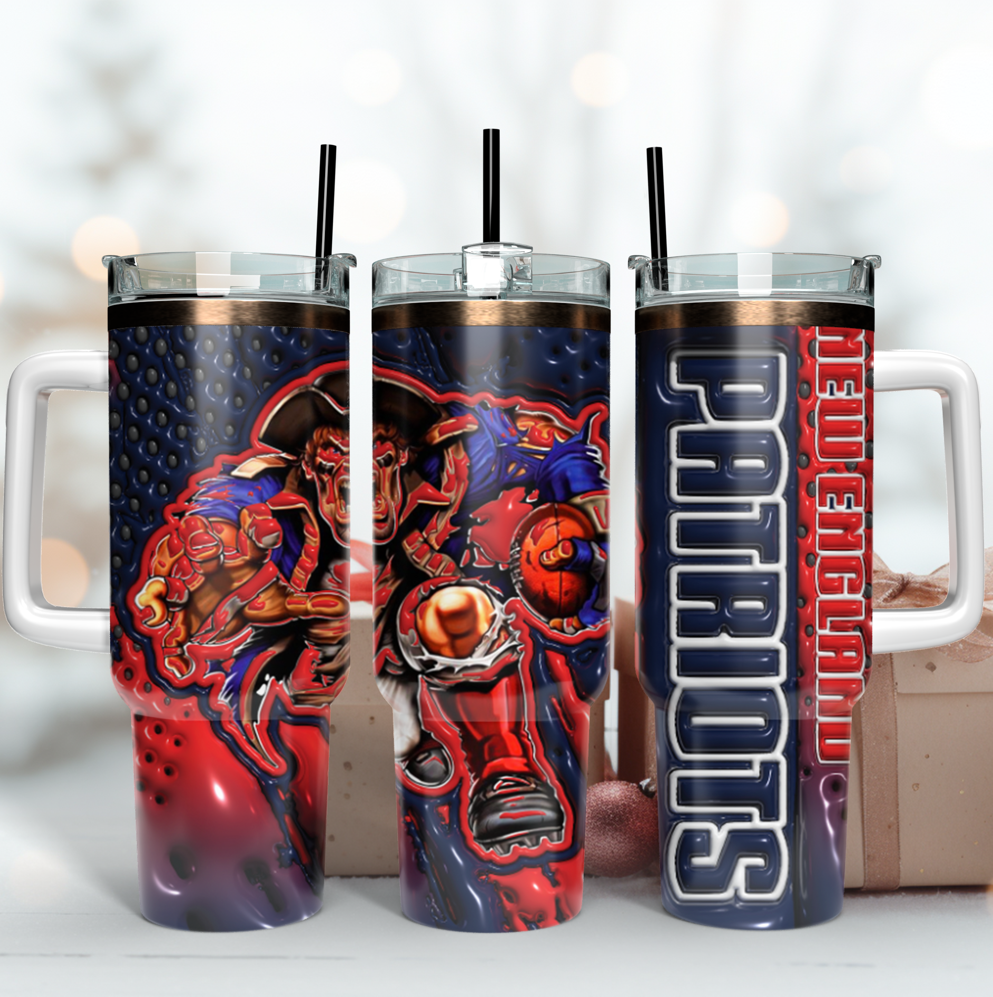 New England Patriots NFL Mascot Custom Stanley Quencher 40oz Stainless Steel Tumbler With Handle