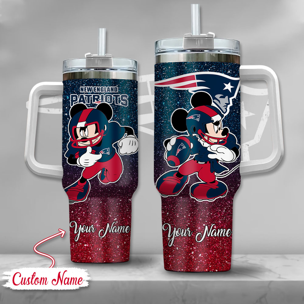New England Patriots NFL Mickey Mouse Glitter Custom Stanley Quencher 40oz Stainless Steel Tumbler With Handle