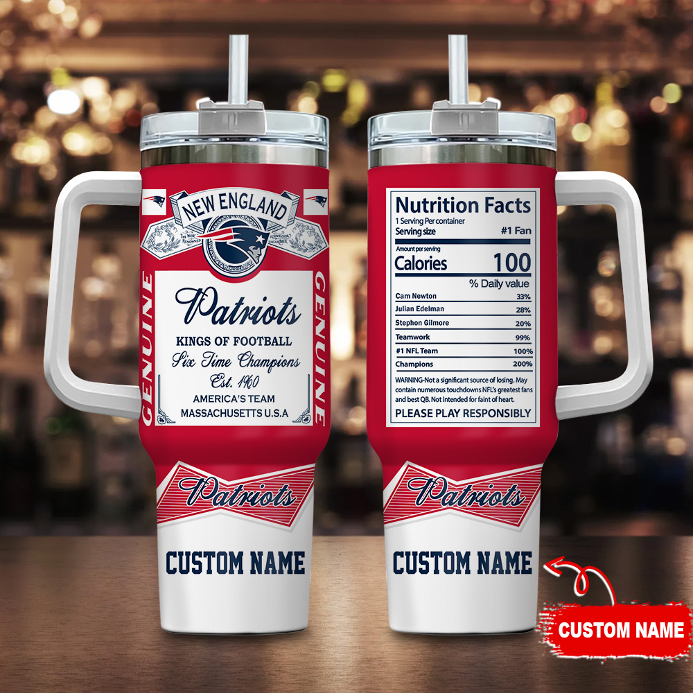 New England Patriots NFL Nutrition Facts Custom Stanley Quencher 40oz Stainless Steel Tumbler With Handle