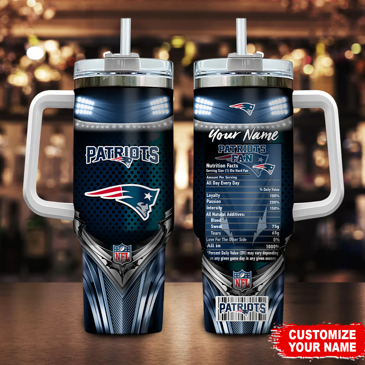 New England Patriots NFL Nutrition Facts Custom Stanley Quencher 40oz Stainless Steel Tumbler With Handle