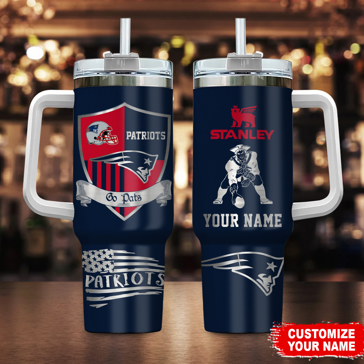 New England Patriots NFL Silver Logo Custom Stanley Quencher 40oz Stainless Steel Tumbler With Handle