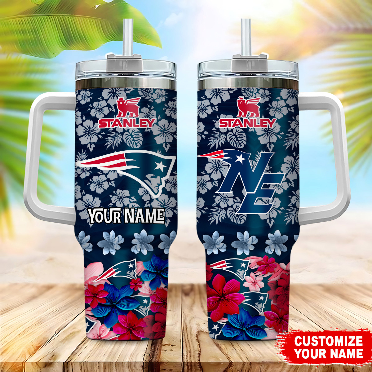 New England Patriots NFL Tropical Floral Custom Stanley Quencher 40oz Stainless Steel Tumbler With Handle