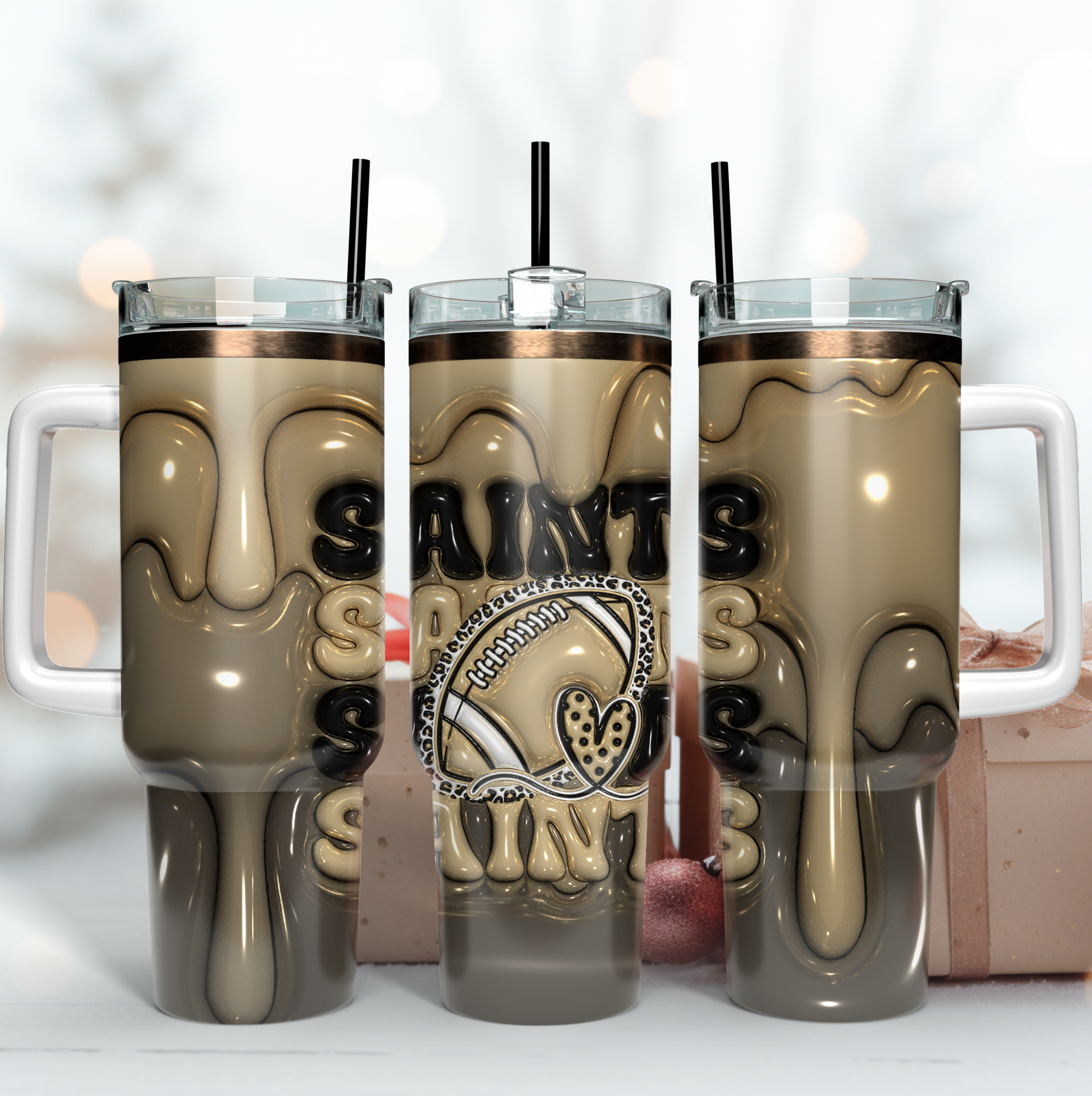 New Orleans Saints NFL 3D Inflated Puff Effect Custom Stanley Quencher 40oz Stainless Steel Tumbler With Handle