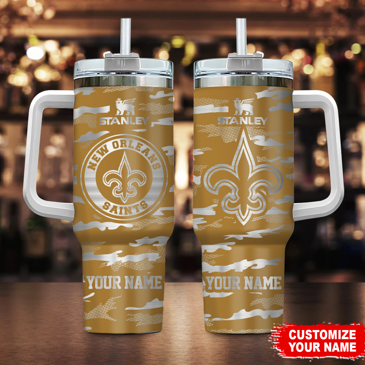 New Orleans Saints NFL Camo Pattern Custom Stanley Quencher 40oz Stainless Steel Tumbler With Handle