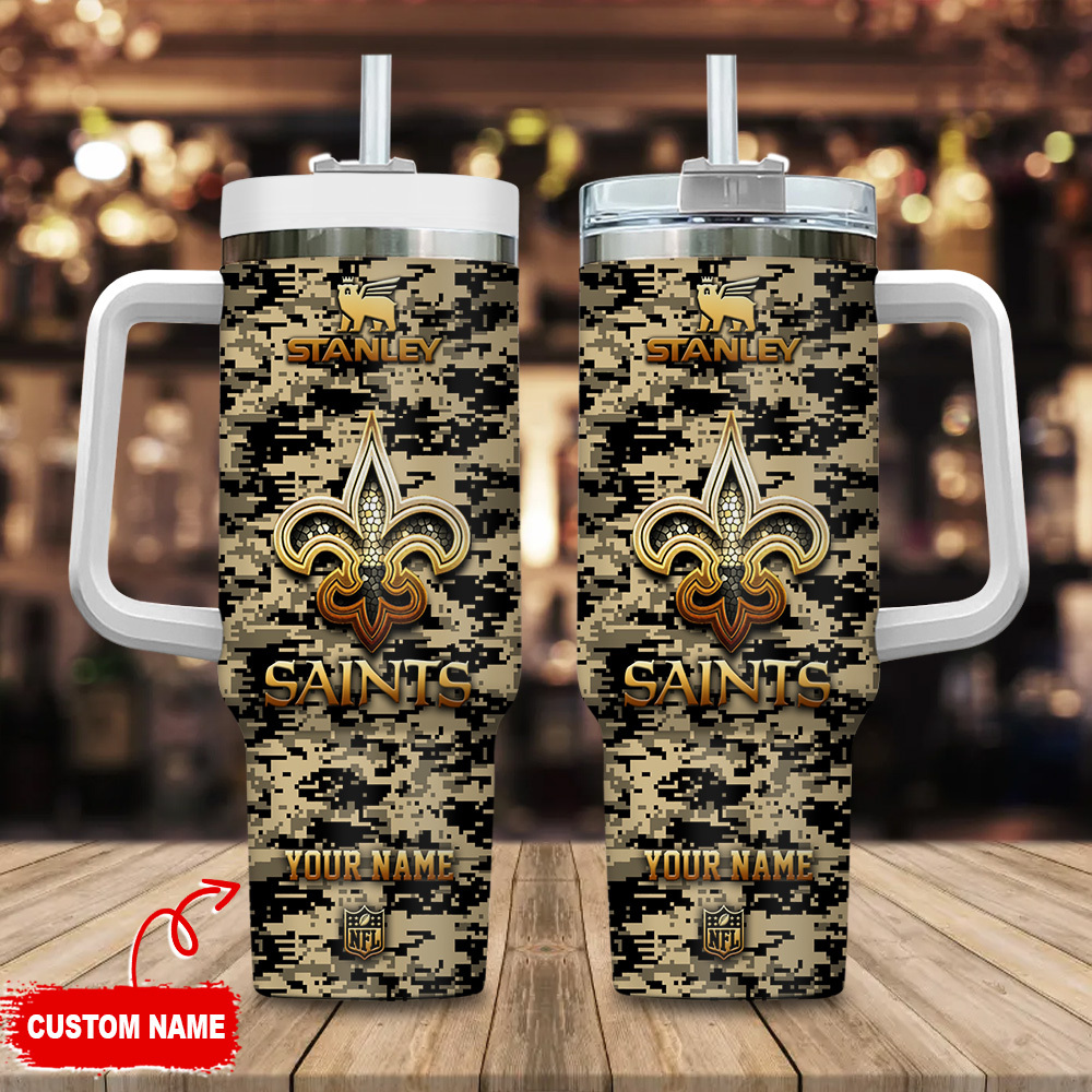 New Orleans Saints NFL Camouflage Golden Logo Custom Stanley Quencher 40oz Stainless Steel Tumbler With Handle