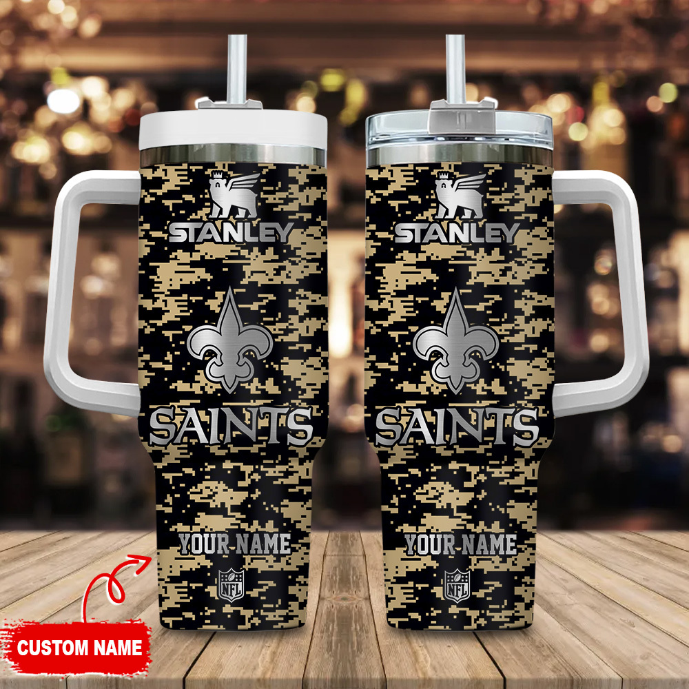 New Orleans Saints NFL Camouflage Silver Logo Custom Stanley Quencher 40oz Stainless Steel Tumbler With Handle