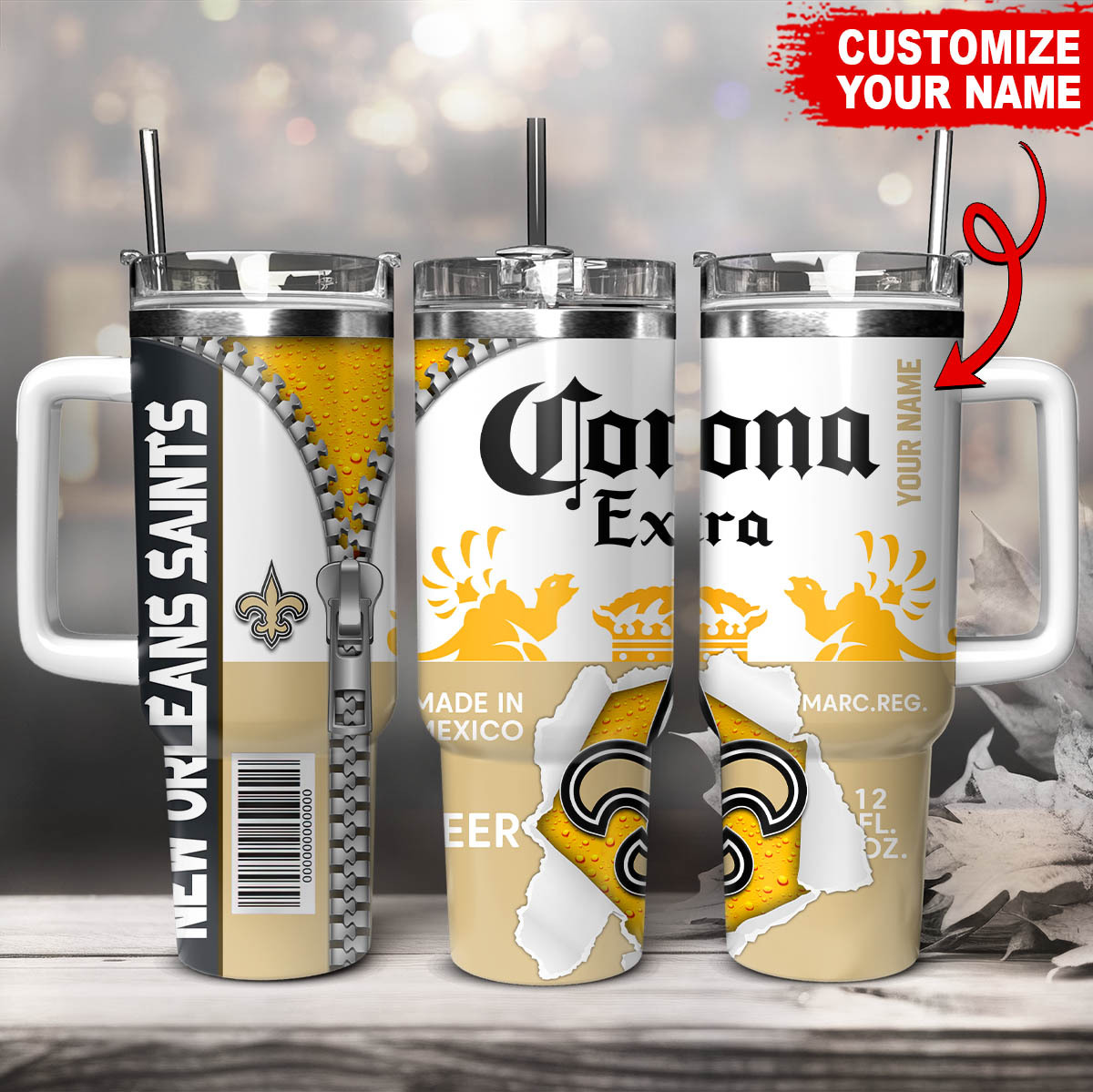 New Orleans Saints NFL Corona Extra Custom Stanley Quencher 40oz Stainless Steel Tumbler With Handle