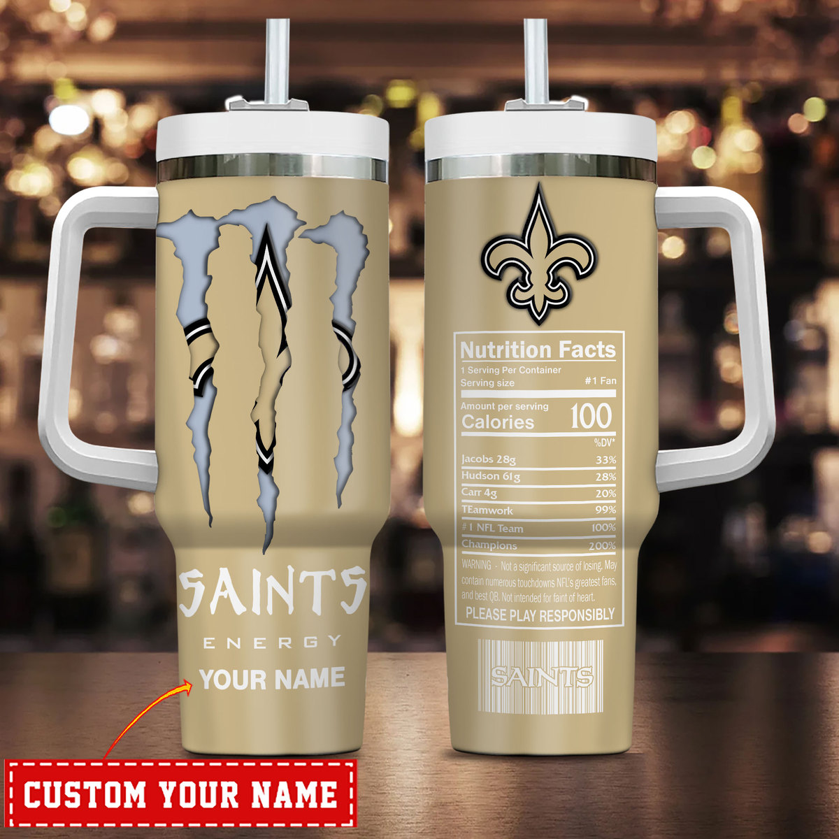 New Orleans Saints NFL Energy Nutrition Facts Custom Stanley Quencher 40oz Stainless Steel Tumbler With Handle