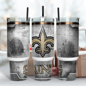 New Orleans Saints NFL Fingerprint Effect Custom Stanley Quencher 40oz Stainless Steel Tumbler With Handle
