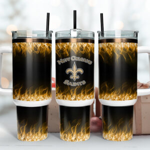 New Orleans Saints NFL Fire Effect Custom Stanley Quencher 40oz Stainless Steel Tumbler With Handle