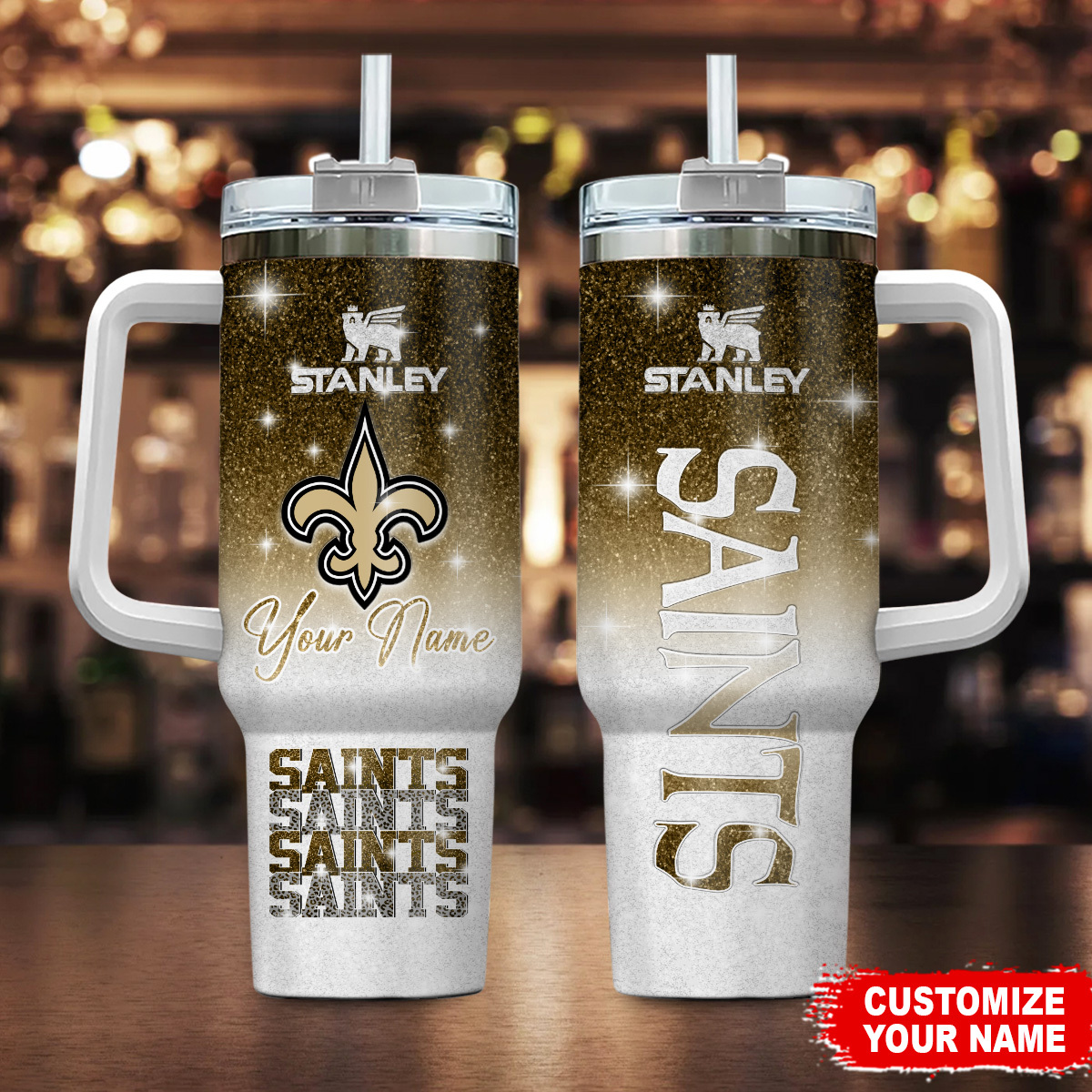 New Orleans Saints NFL Glitter Custom Stanley Quencher 40oz Stainless Steel Tumbler With Handle
