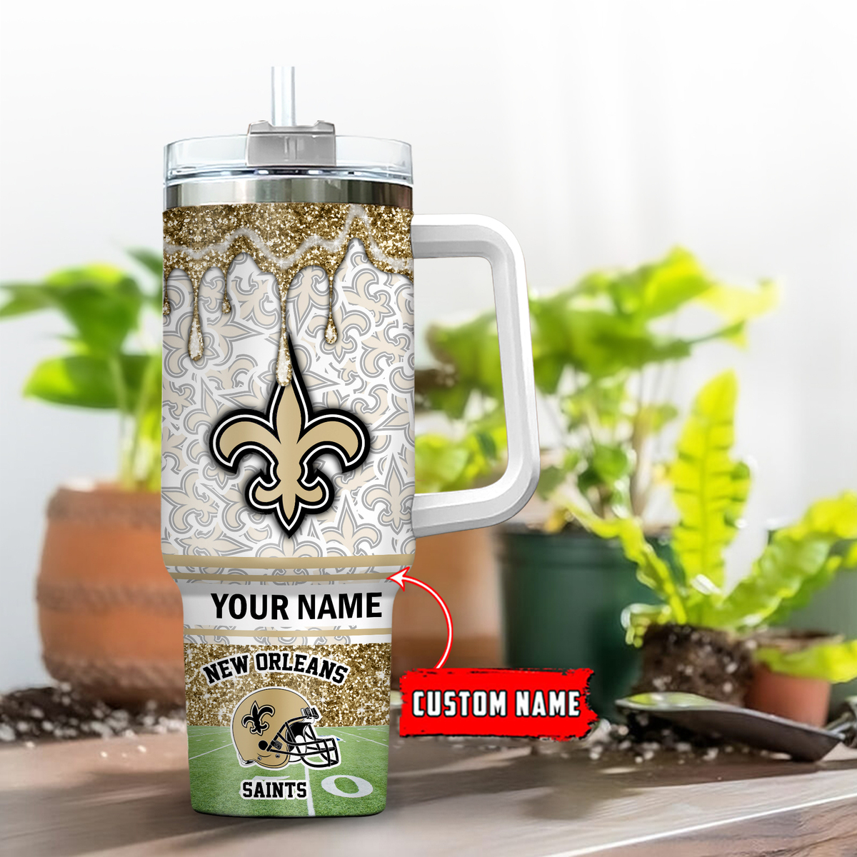 New Orleans Saints NFL Glitter Custom Stanley Quencher 40oz Stainless Steel Tumbler With Handle