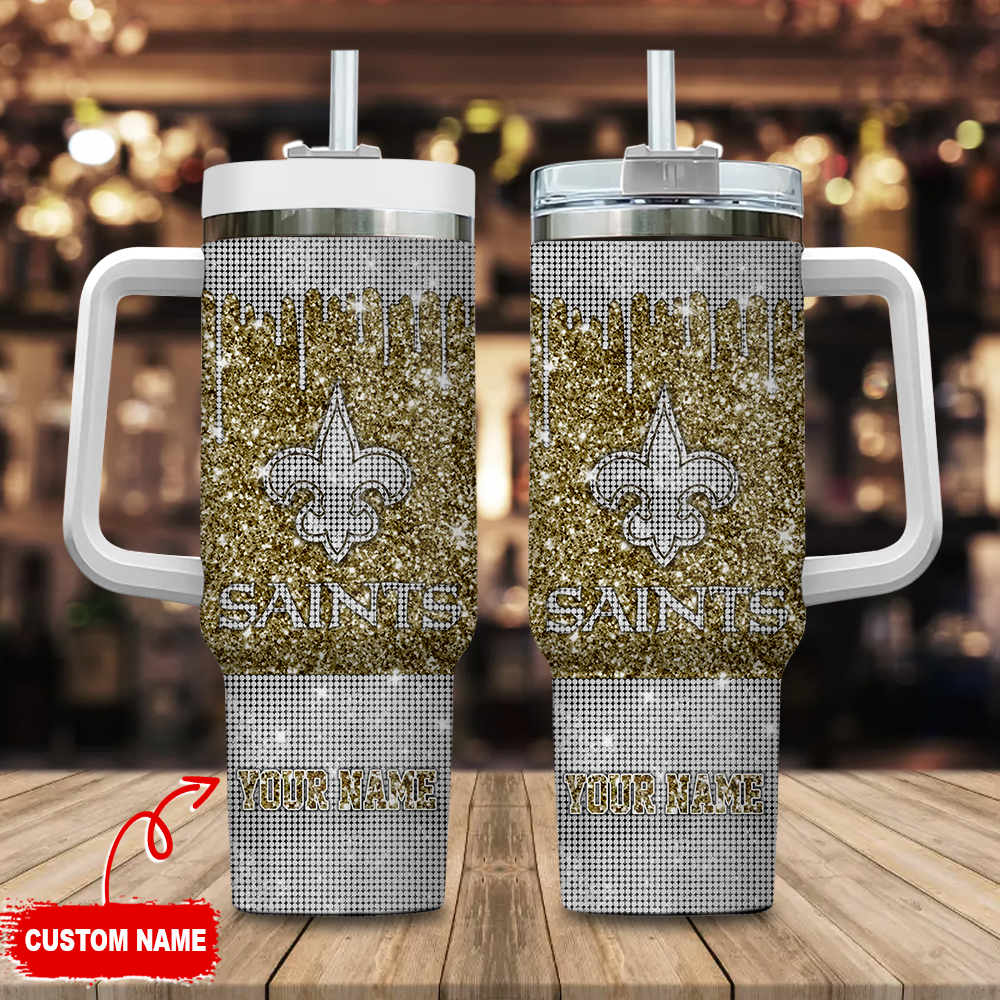 New Orleans Saints NFL Glitter Custom Stanley Quencher 40oz Stainless Steel Tumbler With Handle