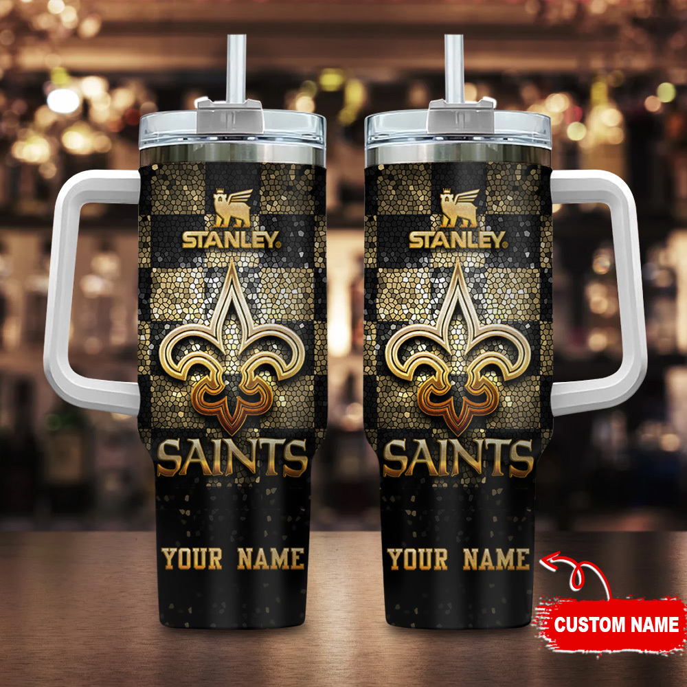 New Orleans Saints NFL Glitter Golden Logo Custom Stanley Quencher 40oz Stainless Steel Tumbler With Handle