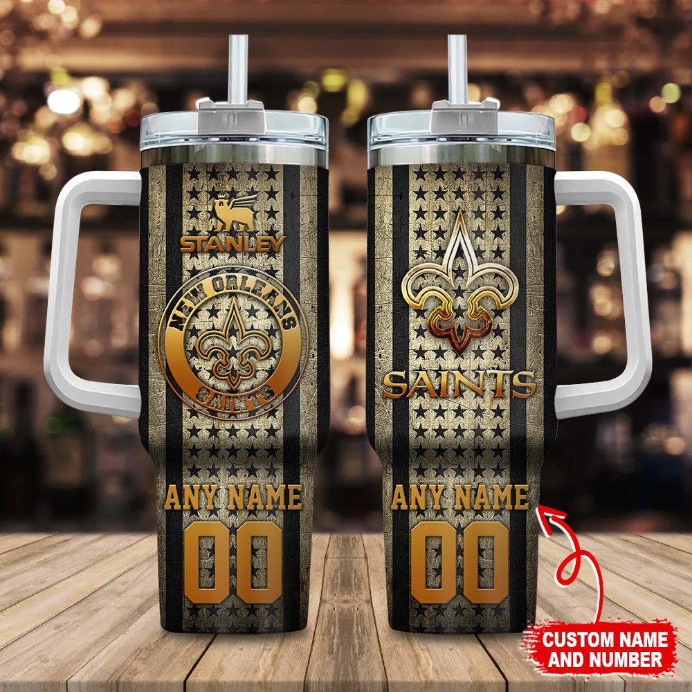 New Orleans Saints NFL Golden Logos US Flag Custom Stanley Quencher 40oz Stainless Steel Tumbler With Handle