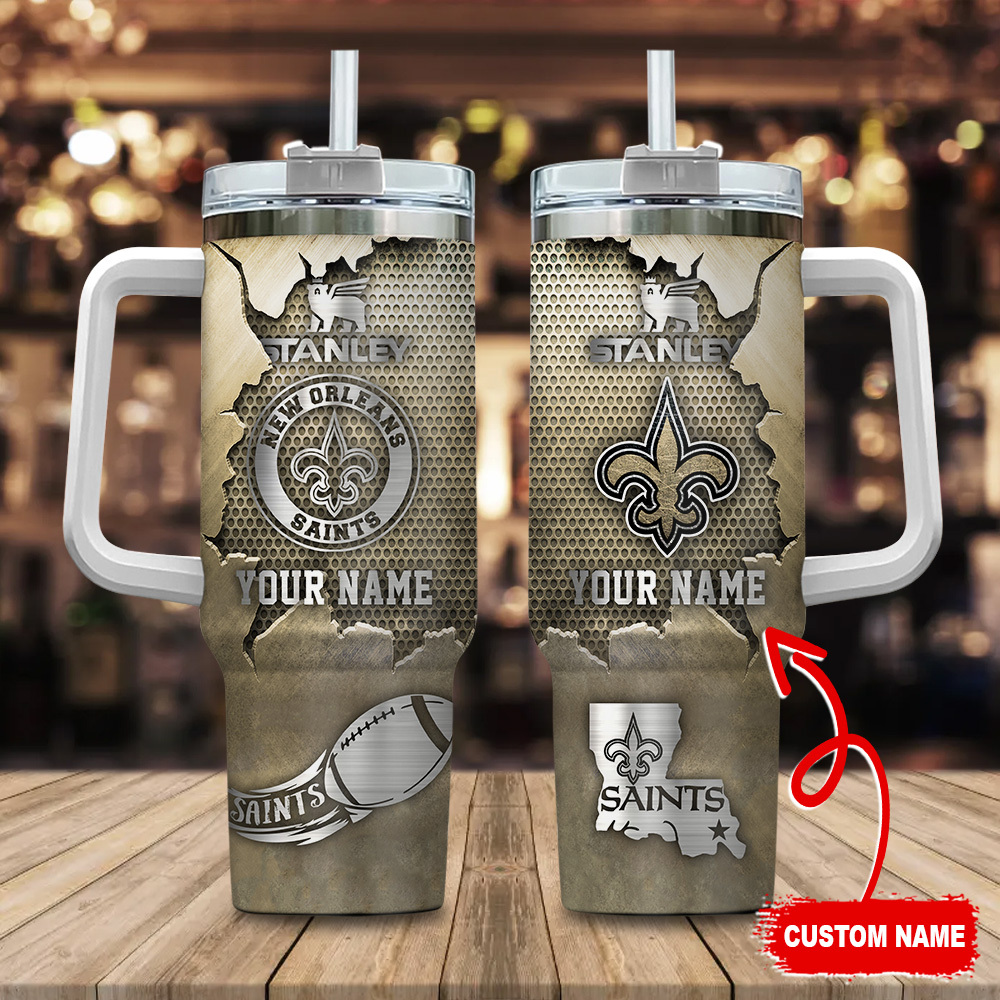 New Orleans Saints NFL Metal Style Custom Stanley Quencher 40oz Stainless Steel Tumbler With Handle