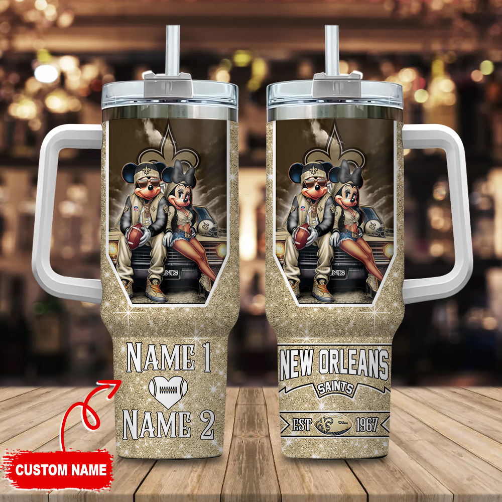 New Orleans Saints NFL Mickey And Minnie Couple Custom Stanley Quencher 40oz Stainless Steel Tumbler With Handle