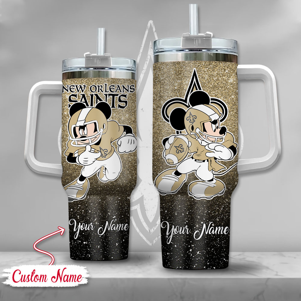 New Orleans Saints NFL Mickey Mouse Glitter Custom Stanley Quencher 40oz Stainless Steel Tumbler With Handle