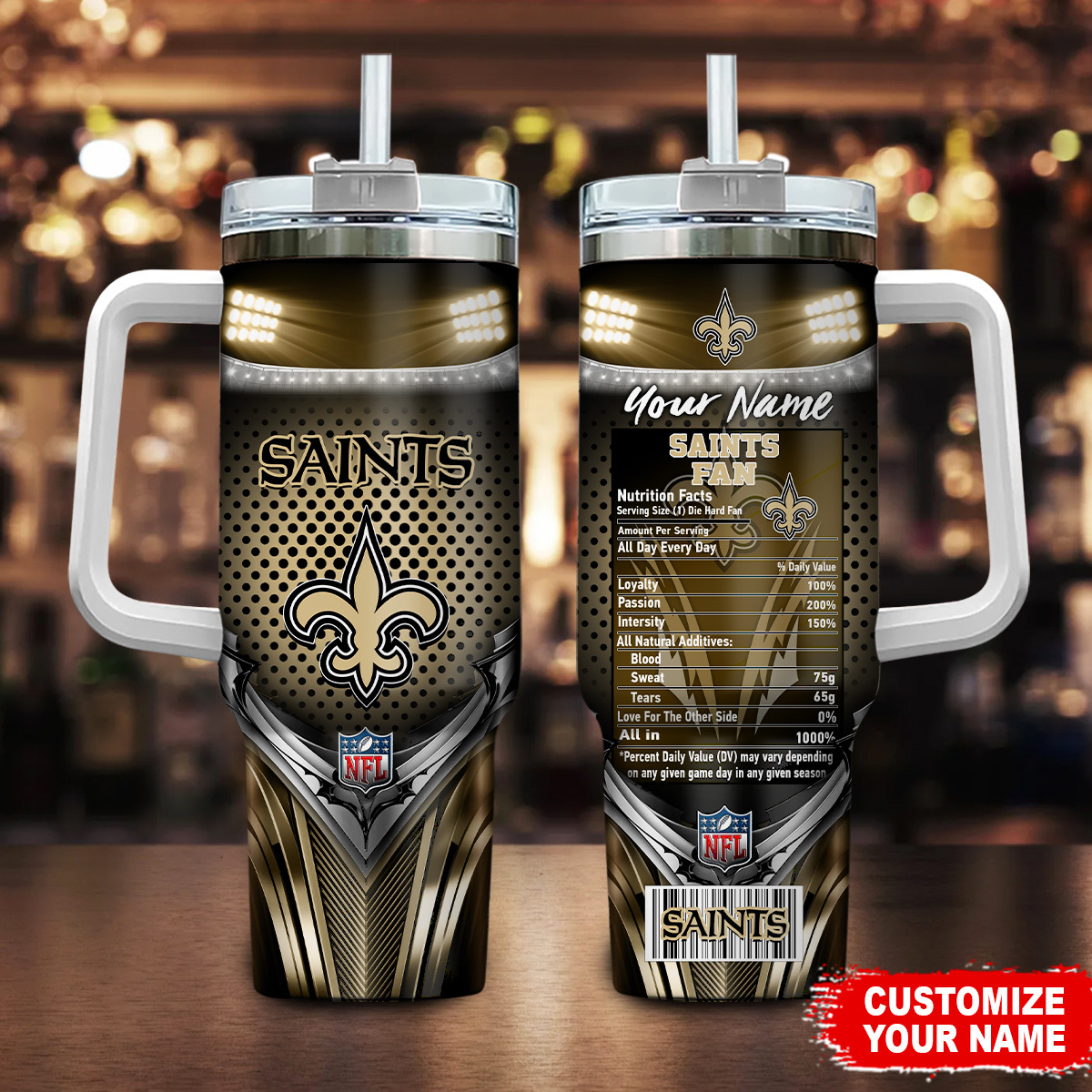 New Orleans Saints NFL Nutrition Facts Custom Stanley Quencher 40oz Stainless Steel Tumbler With Handle
