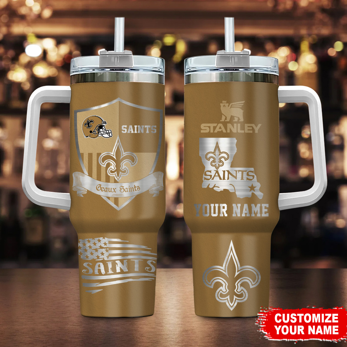 New Orleans Saints NFL Silver Logo Custom Stanley Quencher 40oz Stainless Steel Tumbler With Handle