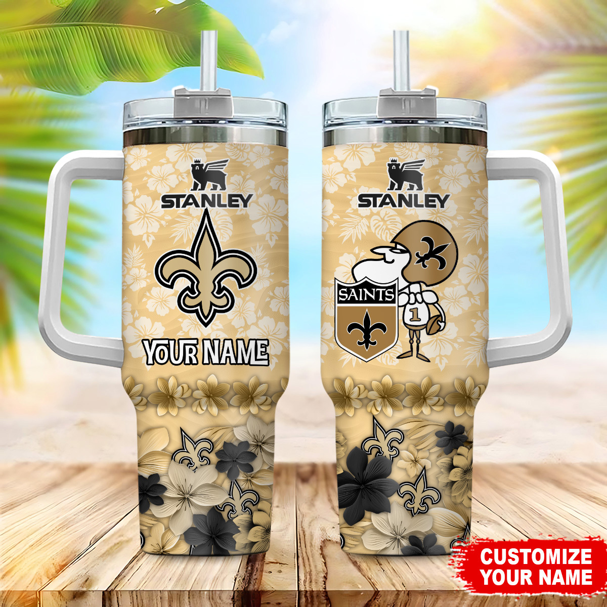 New Orleans Saints NFL Tropical Floral Custom Stanley Quencher 40oz Stainless Steel Tumbler With Handle