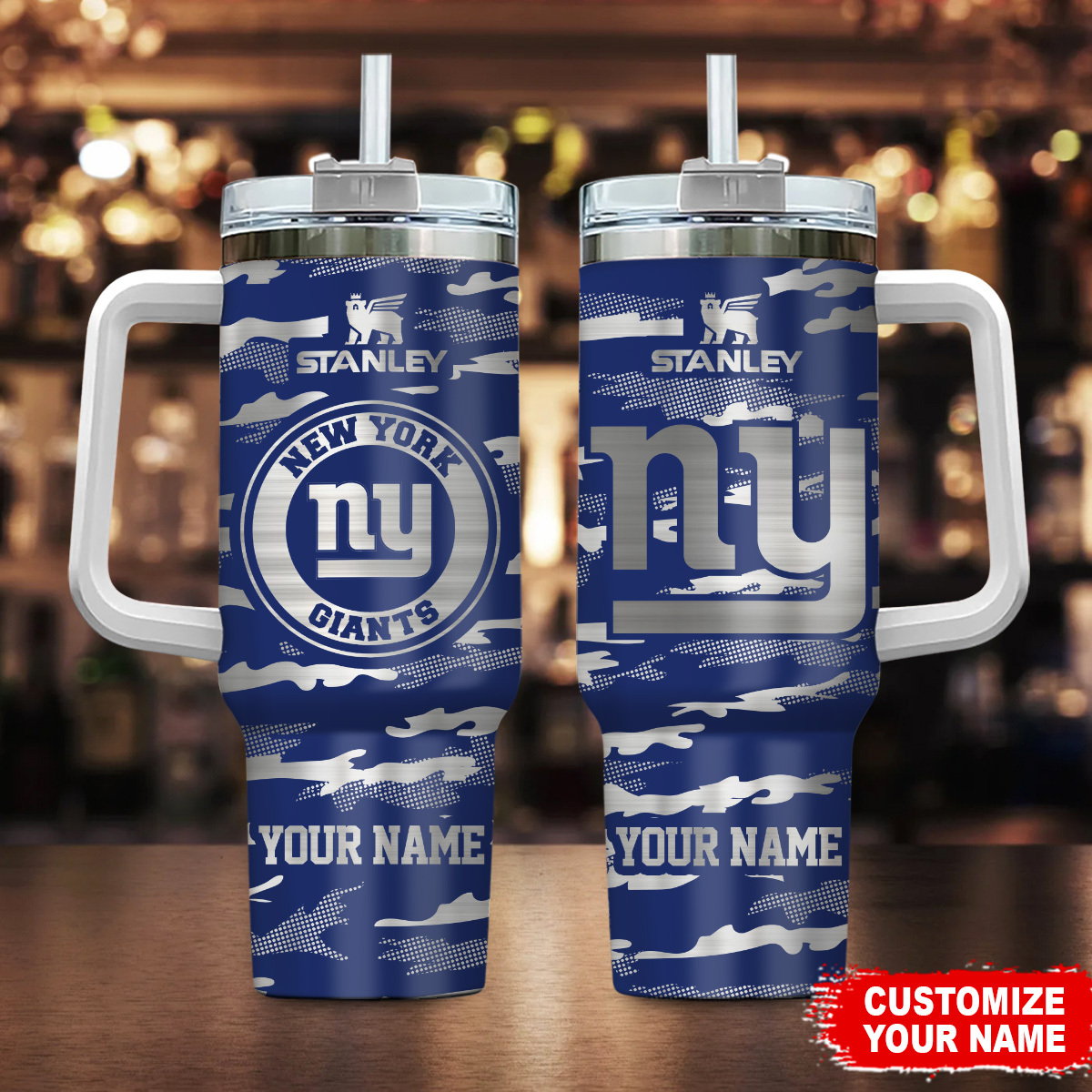 New York Giants NFL Camo Pattern Custom Stanley Quencher 40oz Stainless Steel Tumbler With Handle