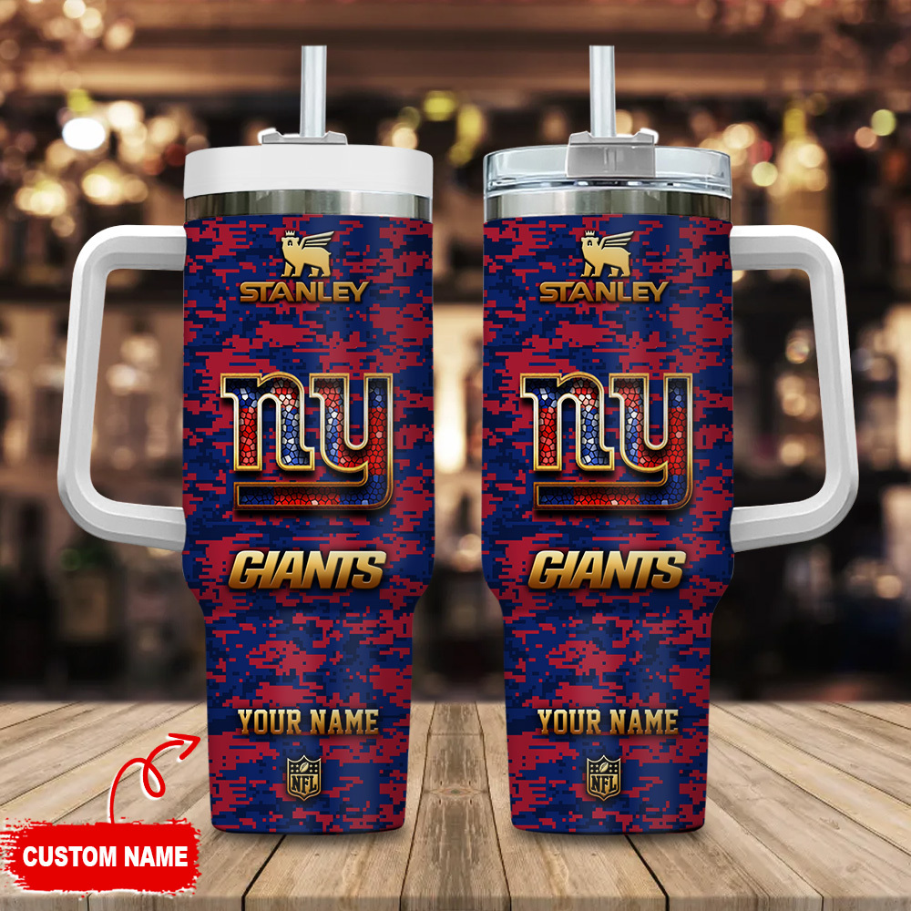 New York Giants NFL Camouflage Golden Logo Custom Stanley Quencher 40oz Stainless Steel Tumbler With Handle