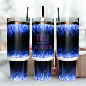 New York Giants NFL Fire Effect Custom Stanley Quencher 40oz Stainless Steel Tumbler With Handle