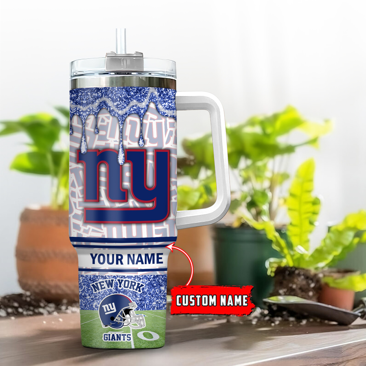 New York Giants NFL Glitter Custom Stanley Quencher 40oz Stainless Steel Tumbler With Handle