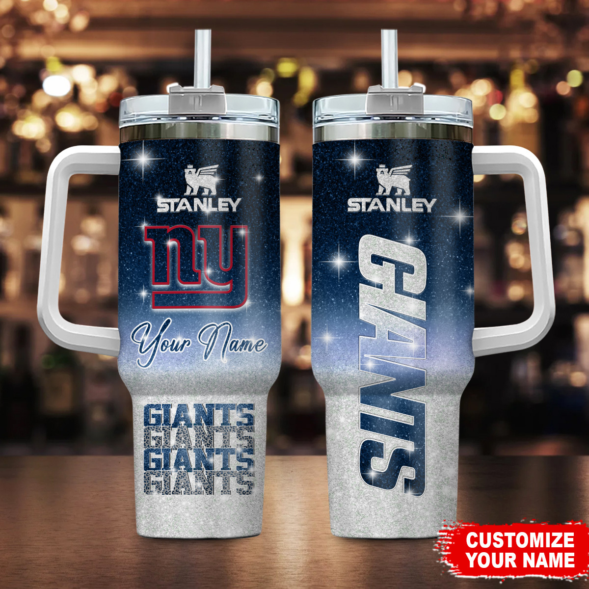 New York Giants NFL Glitter Custom Stanley Quencher 40oz Stainless Steel Tumbler With Handle