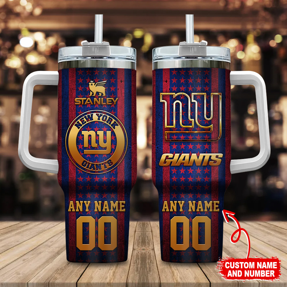 New York Giants NFL Golden Logos US Flag Custom Stanley Quencher 40oz Stainless Steel Tumbler With Handle