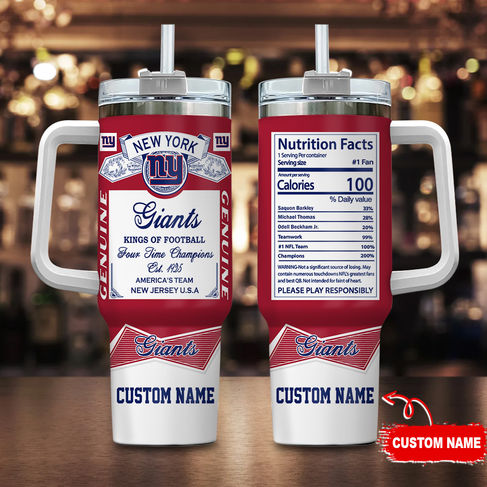 New York Giants NFL Nutrition Facts Custom Stanley Quencher 40oz Stainless Steel Tumbler With Handle