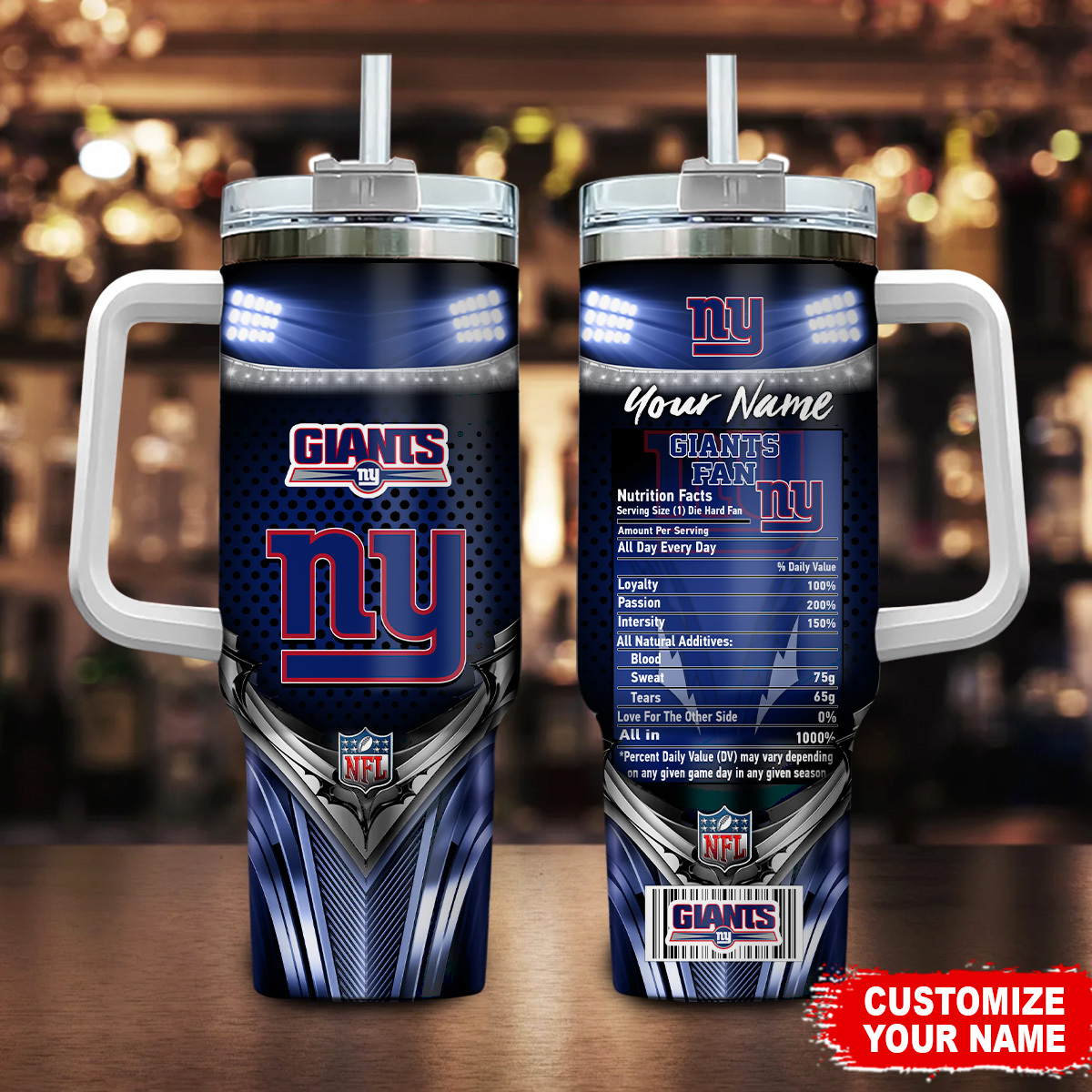 New York Giants NFL Nutrition Facts Custom Stanley Quencher 40oz Stainless Steel Tumbler With Handle