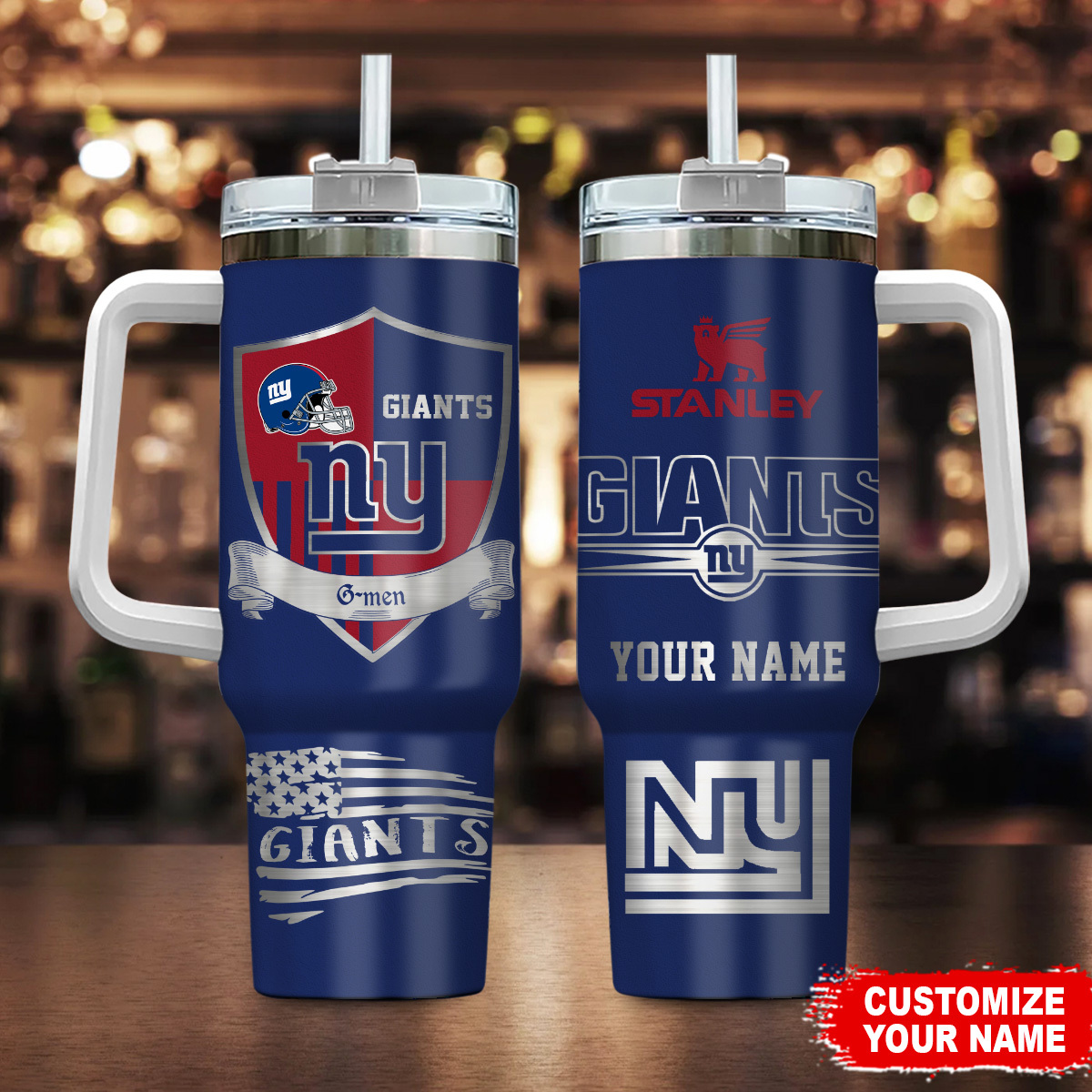 New York Giants NFL Silver Logo Custom Stanley Quencher 40oz Stainless Steel Tumbler With Handle
