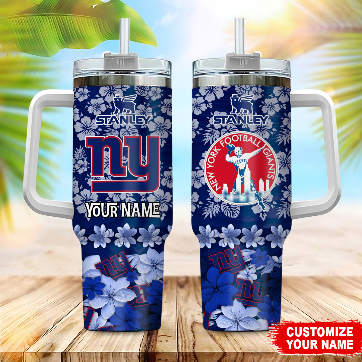 New York Giants NFL Tropical Floral Custom Stanley Quencher 40oz Stainless Steel Tumbler With Handle