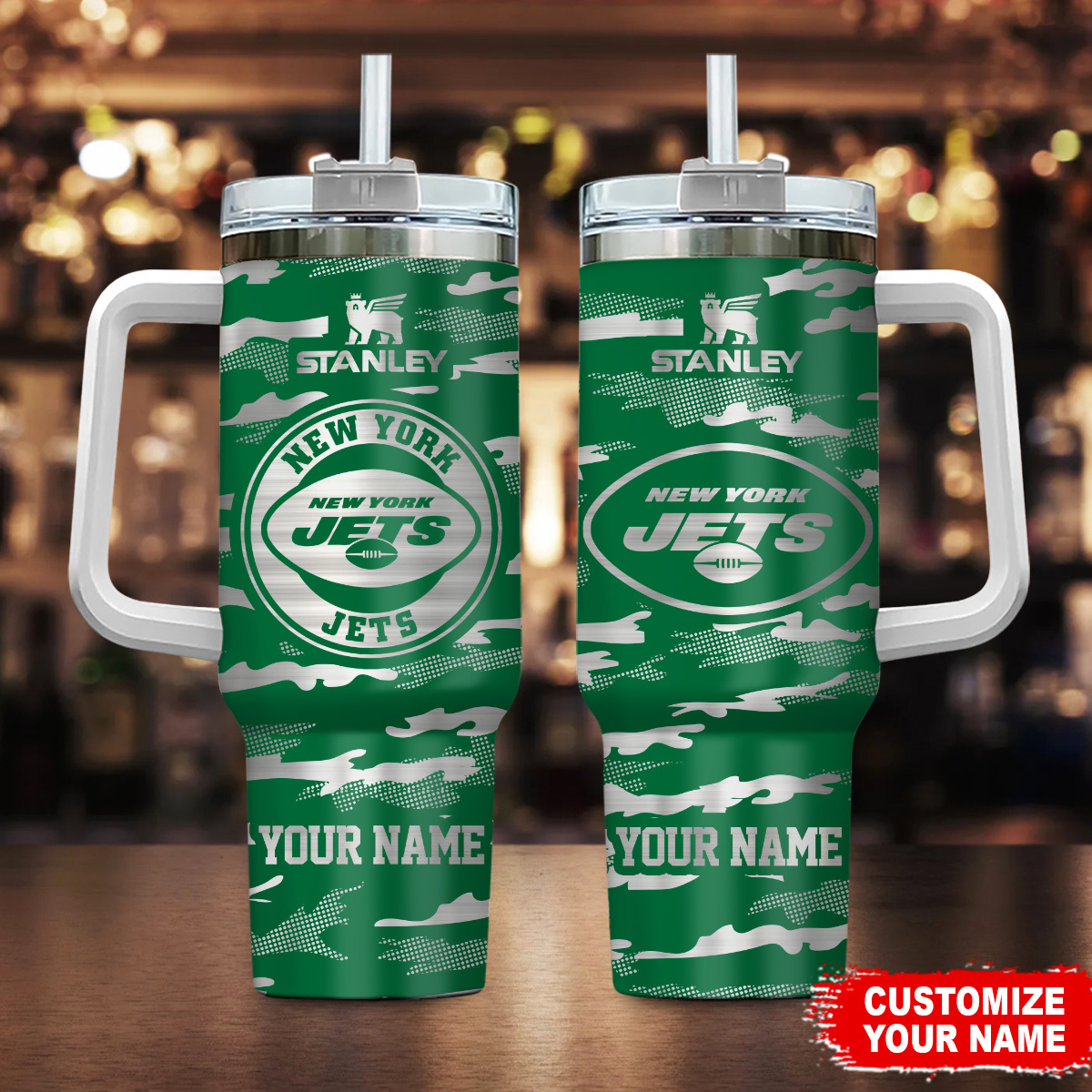 New York Jets NFL Camo Pattern Custom Stanley Quencher 40oz Stainless Steel Tumbler With Handle