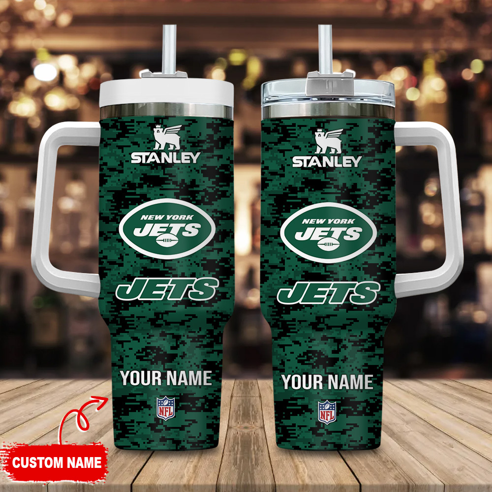 New York Jets NFL Camouflage Custom Stanley Quencher 40oz Stainless Steel Tumbler With Handle
