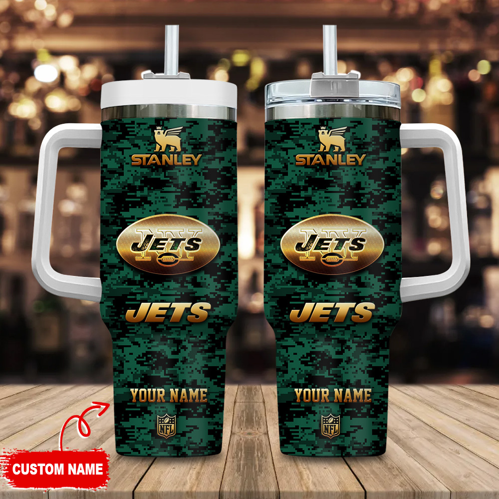 New York Jets NFL Camouflage Golden Logo Custom Stanley Quencher 40oz Stainless Steel Tumbler With Handle