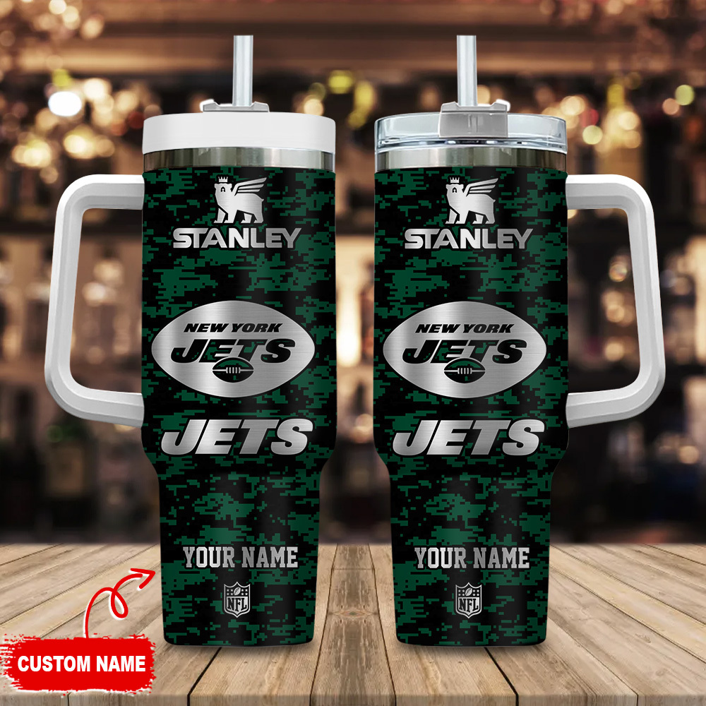 New York Jets NFL Camouflage Silver Logo Custom Stanley Quencher 40oz Stainless Steel Tumbler With Handle