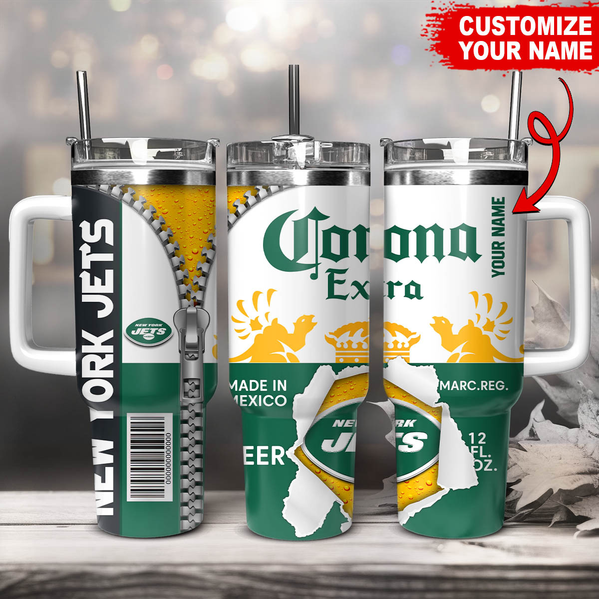 New York Jets NFL Corona Extra Custom Stanley Quencher 40oz Stainless Steel Tumbler With Handle
