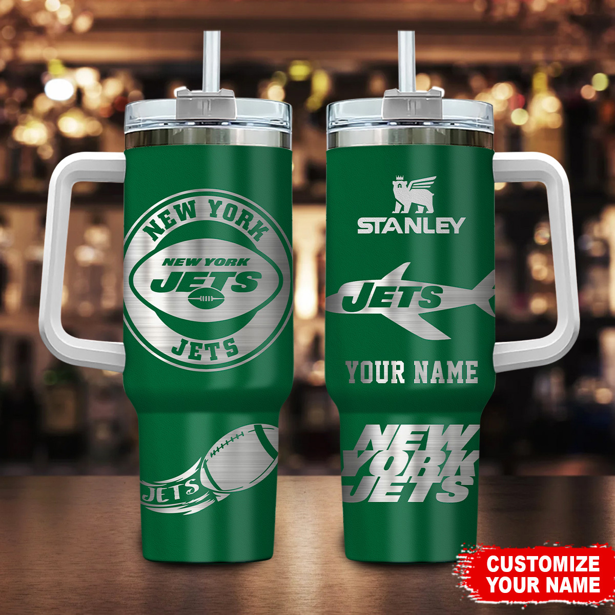 New York Jets NFL Custom Stanley Quencher 40oz Stainless Steel Tumbler With Handle