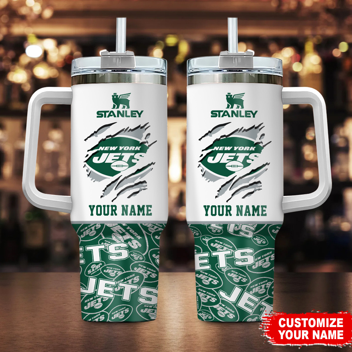 New York Jets NFL Custom Stanley Quencher 40oz Stainless Steel Tumbler With Handle