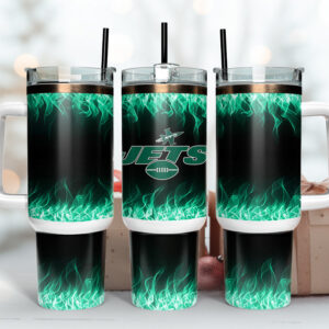 New York Jets NFL Fire Effect Custom Stanley Quencher 40oz Stainless Steel Tumbler With Handle