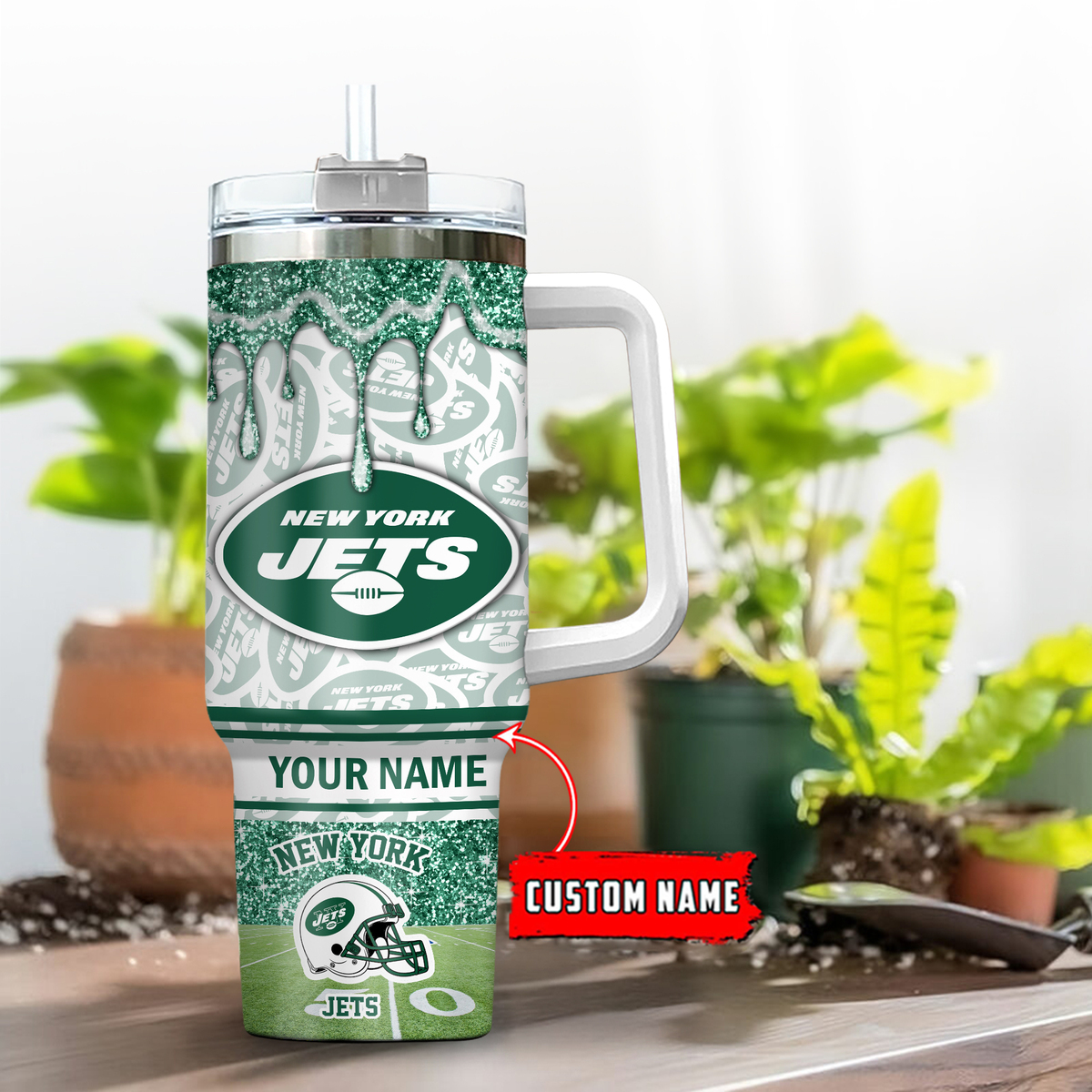 New York Jets NFL Glitter Custom Stanley Quencher 40oz Stainless Steel Tumbler With Handle