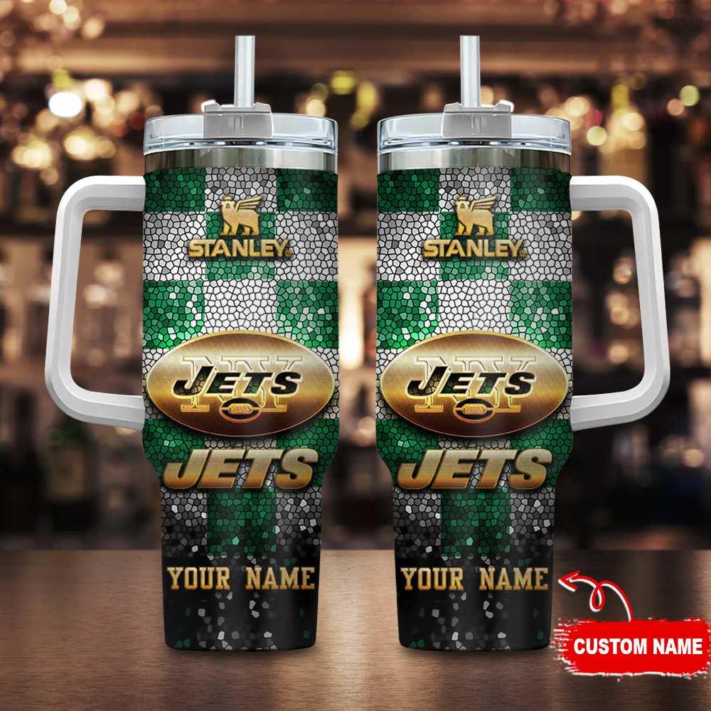 New York Jets NFL Glitter Golden Logo Custom Stanley Quencher 40oz Stainless Steel Tumbler With Handle