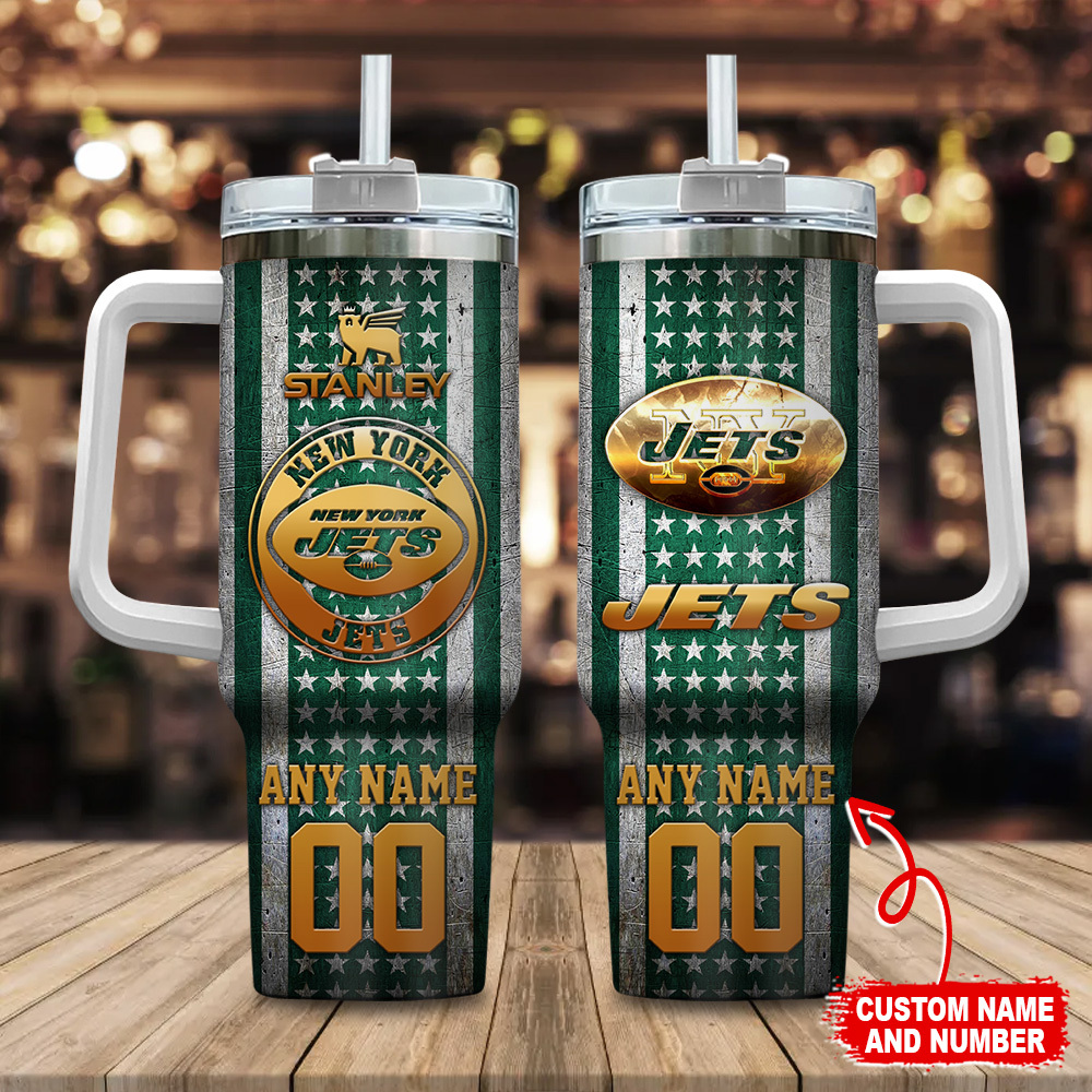 New York Jets NFL Golden Logos US Flag Custom Stanley Quencher 40oz Stainless Steel Tumbler With Handle