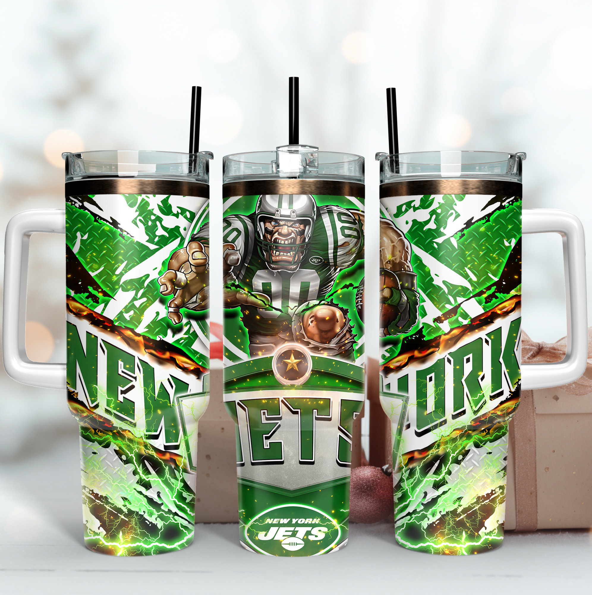 New York Jets NFL Mascot Custom Stanley Quencher 40oz Stainless Steel Tumbler With Handle