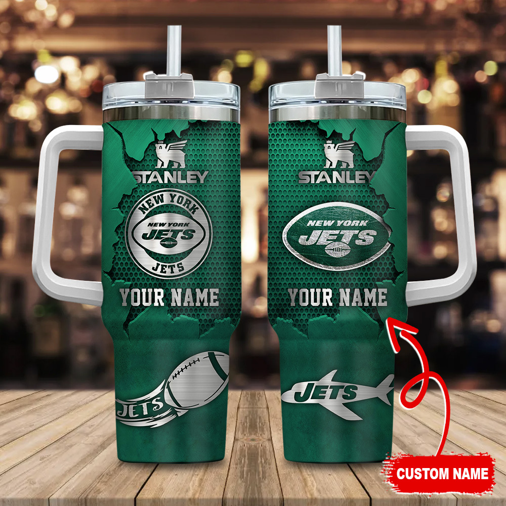 New York Jets NFL Metal Style Custom Stanley Quencher 40oz Stainless Steel Tumbler With Handle